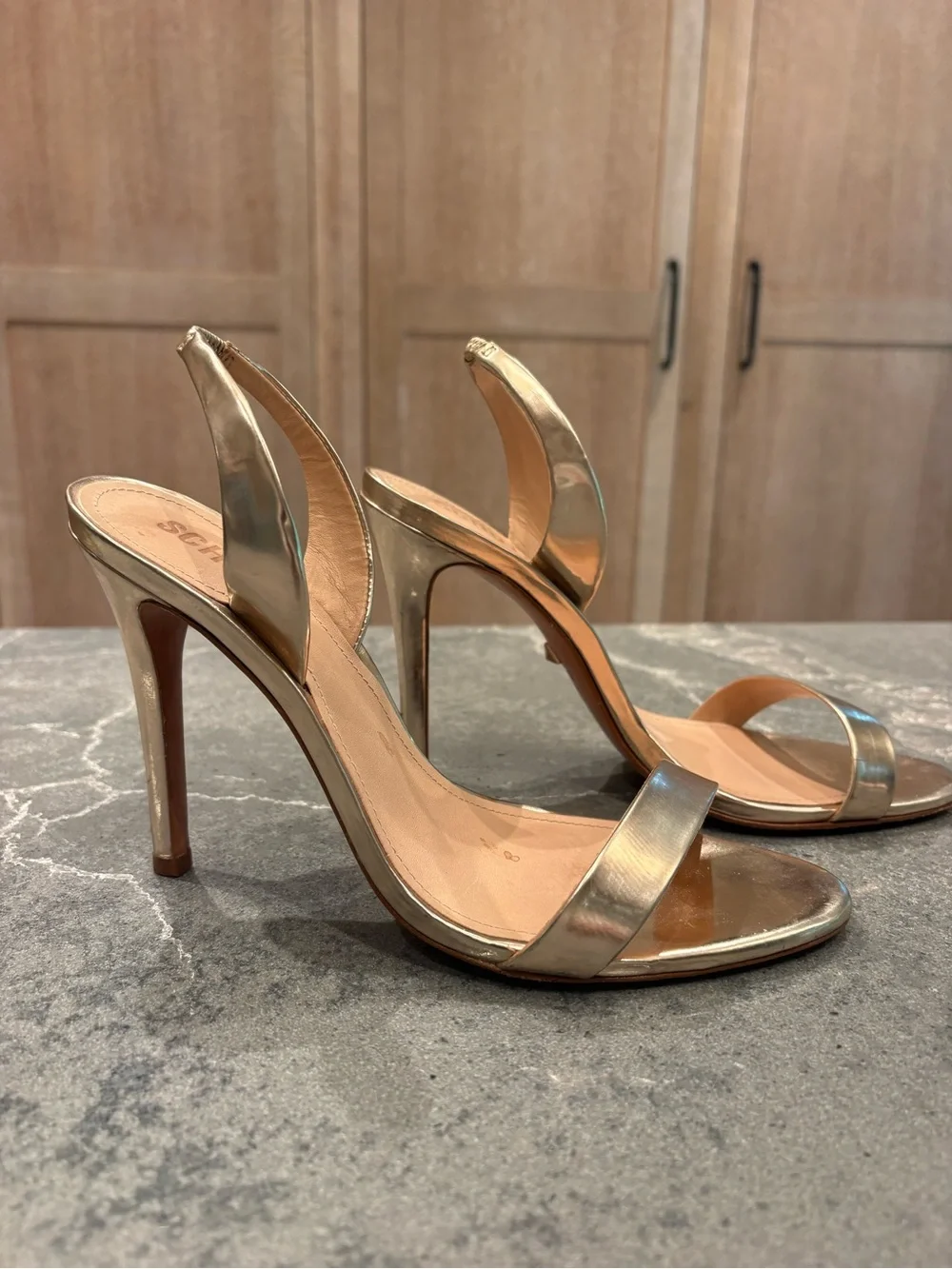 SCHUTZ Metallic Gold Slingback Stiletto Sandals